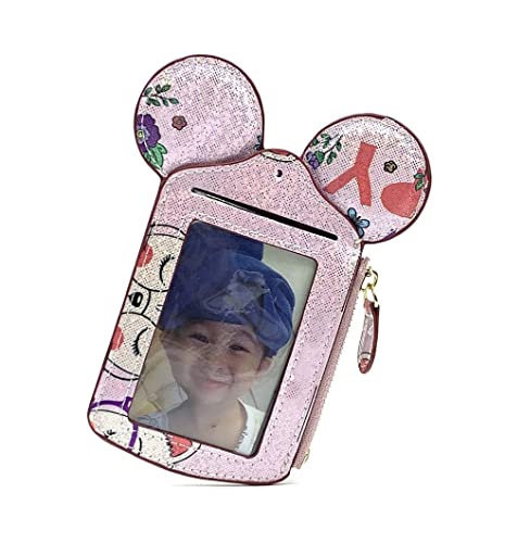 Cute Animal Mickey ID Case Card Holder Travel Neck Pouch Cute Small Fashion Student ID Card Holder Coin Wallet Purse for Women/Girls/Children (Shiny Pink)3