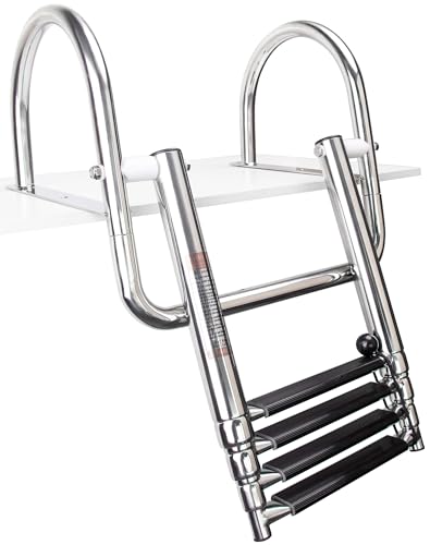 Mojiate 4-Step Stainless Steel Pontoon Boat Ladder - Foldable Telescoping Rear Entry Swim Deck...