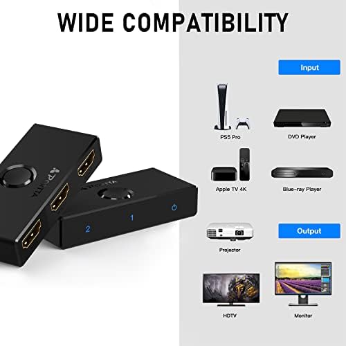 HDMI Switch 4K 60Hz, PORTTA Bi-Directional HDMI Splitter 1 in 2 out, HDMI 2.0 Switcher 2 in 1 out hub support HDR HDCP2.3 3D for Blu-ray XBox PS4 PS5 Roku fire stick HDTV Monitor -Black