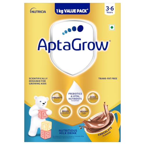 Image of AptaGrow Chocolate Flavoured Nutritious Milk Drink for Children 3-6 Years|with Prebiotics & 11 Immuno-Nutrients|Supports Immunity, Brain Development, Height Gain, Bone Development & Energy |1kg BIB