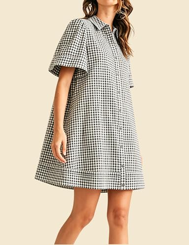 Image of Womens Short Sleeve Button Down Mini Shirt Dress Lapel Collar Short Dresses with Pocket