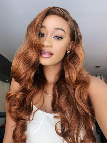 Domiso 13x4 Brown Body Wave Lace Front Wigs Human Hair Pre Plucked 28 Inch 13x4 HD Transparent Frontal Honey to Blonde Glueless Wigs Human Hair for Women 180 Density Human Hair Wig