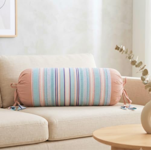 Image of SAJAVAT HOME Camel Brown with Green & White Stripes Cotton Bolster Cover for Sofa, Bed & Diwan (Pack of 1) 15x30 Inch | Soft Round Side Pillow Cover | Breathable All-Season Bolster Pillow Cover |