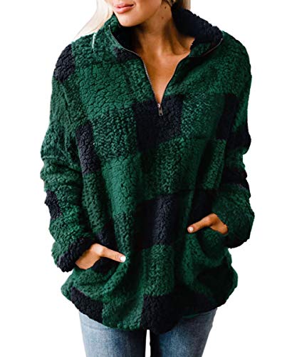 ZESICA Women's Plaid Long Sleeve Zipper Sherpa Fleece Sweatshirt Pullover Jacket Coat with Pockets Green