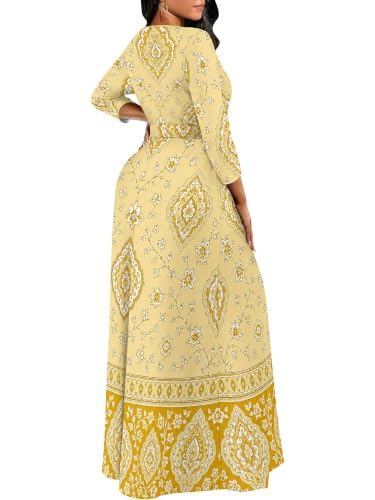 Image of Women Plus Size Long Sleeve V Neck Maxi Dress with Belt | Soft fabric relaxed fit three quarter sleeve v neck with pockets for party and daily wear