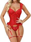 Donnalla Red Lingerie for Women Sexy Lingerie Set with Garter Belt Lace Bodysuit Teddy with Panty Womens Corset Lingerie