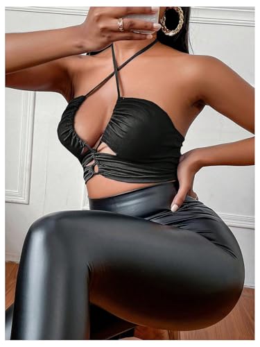 SOLY HUX Women's Cut Out Halter Tops Criss Cross Backless Ruched Party Club Crop Tops3