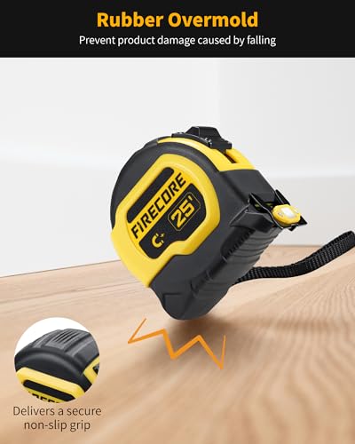 Firecore Tape Measure 25 ft with 1/8 Fractions, Magnetic Double-Hook Measuring Tape Retractable, 1" Wide Easy Read Both-Side Measurement Tape with Nylon Coating,Finger Brake for Construction Carpenter