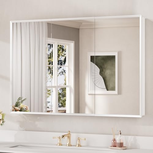 Keonjinn Large Medicine Cabinet Mirror 48 x 32, Black Beveled Frame, 3 Door