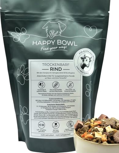 Happy Bowl - Trockenbarf Rind - 500g - Alleinfuttermittel für Hunde auf Basis natürlicher Inhaltsstoffe - Trockenfutter Nassfutter oder Barf-Ersatz
