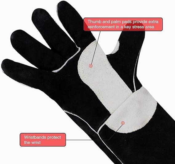YESWELDER Guantes de Cuero para Soldadura MIG, Resistentes al Calor y al Fuego, Negros, también Perfectos para Parrilla/BBQ/Fogón de Leña/Horno/Cortando Fuego