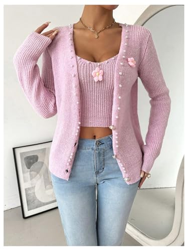 MakeMeChic Women's 3D Floral Pearls Cute Cardigan Sweaters Open Front Long Sleeve Knit Outwear3