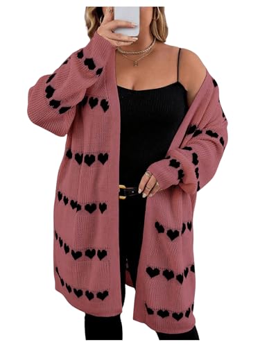 Image of MakeMeChic Women's Plus Size Long Cadigan Sweaters Casual Open Front Kint Lightweight Cadigan Heart Long Sleeve Outerwear