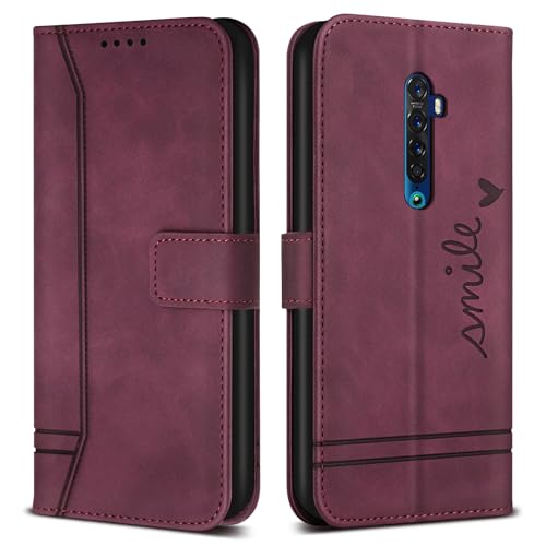 Bravoday Hülle für Oppo Reno2 / Oppo Reno 2, PU Ledertasche Handyhülle mit Kartenfäch und Kickstand, Flip Schutzhülle Kompatibel mit Oppo Reno2 / Oppo Reno 2, Weinrot