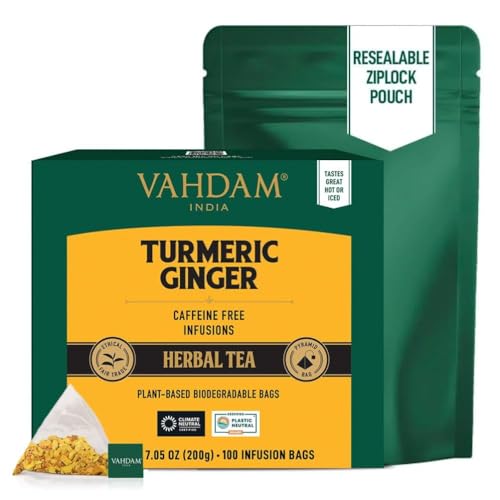 VAHDAM, Turmeric Ginger Herbal Tea Bags (100 Pyramid Tea Bags) Caffeine Free, Non GMO, Gluten Free | 100% Halal Certified | 100% Pure Herbal Blend - Savory & Spicy | Whole Loose Leaf Tea Bags
