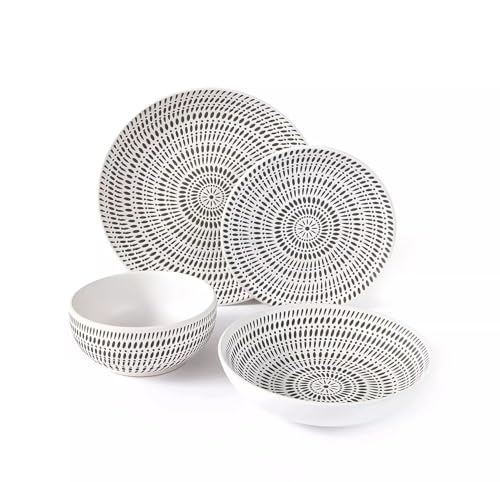 16pc Waterside White & Black Dash Stoneware Dinner Set; 4 Dinner Plates, 4 Side Plates, 4 Soup Bowls & 4 Deep Bowls - Dishwasher & Microwave Safe