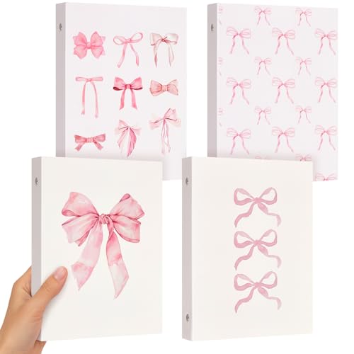 ReliThick 4 Pcs Mini Size Cute Bow 6 Ring Binder, 1 Inch Round Ring with Interior Pockets, Decorative Cute Binders, Clipboard Binder, Coquette School Supplies for School Office(Pink)
