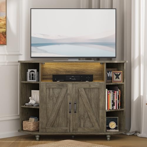 4 EVER WINNER Corner TV Stand for 50 Inch TV, Farmhouse Corner Entertainment Center with Led Light, Open Storage, Adjustable Shelves, TV Cabinets for Living Room, Bedroom, Grey
