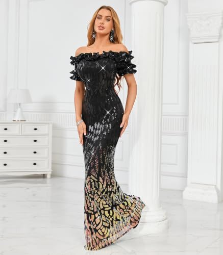 Image of dasmzper Women Sexy Sequin Off Shoulder Ruffle Short Sleeve Bodycon Mermaid Party Formal Evening Maxi Dress