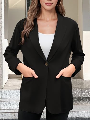 Women's One Button Cotton Linen Blazer Lightweight Solid 3/4 Roll Up Sleeve Jacket for Work Office Casual Business2