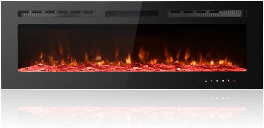 M.C.HausUltra-Thin Electric Fireplace Low Noise, 12 Variable & Breath Colors Flame, Recessed Wall Mounted Free Standing, Touch Screen & Remote Control, Crystal & Log Set(50 inch/127 cm)