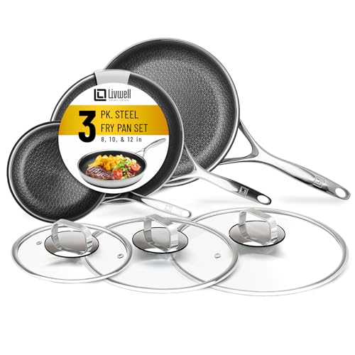 LIVWELL DiamondClad Nonstick Stainless Steel Fry Pan Set - Kitchen Gift Hybrid Cookware Set with Tempered Glass Lids - 8, 10 and 12 Inch - Dishwasher Safe, PFOA-free Cookware - Silver/Black