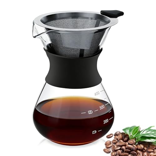 HERCHR Machine à café goutte à goutte avec carafe en verre inoxydable – 400 ml, verre borosilicate, versez sur le filtre