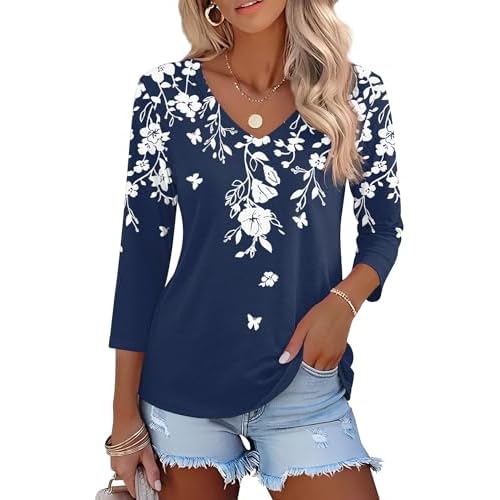 Lomon Women's V Neck T Shirts 3/4 Sleeve Blouse Summer Tops Dressy Casual Basic Tees Blue White Flower X-Large