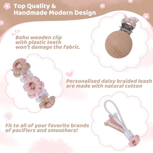 Image of Pacifier Clip for Boys Girls Floral Daisy Macrame Baby Paci Clip Pacifier Holder Leash Boho Wooden Clips Handmade Braided Cotton Binky Clips (1pack:Khaki Style A)