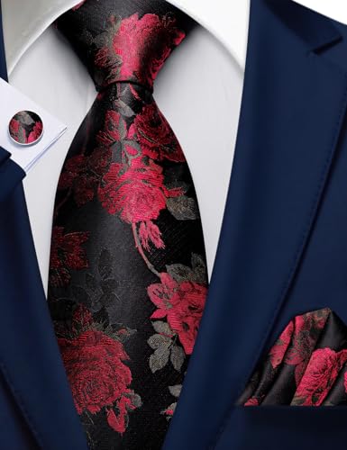 Image of Barry.Wang Flower Ties for Men Silk Woven Floral Tie Sets Necktie Handkerchief Cufflinks Wedding Party