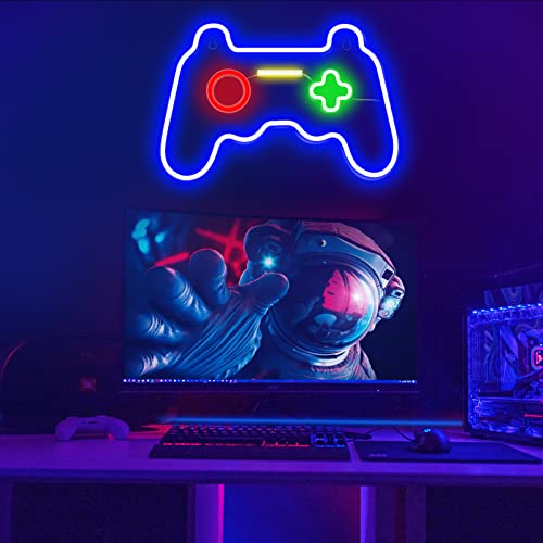 Image of Game Neon Sign Gamepad Shape LED Neon Lights Signs for Wall Decor Gaming Controller LED Neon Signs for Bedroom Game Room Gaming Wall Party Decoration Light Up Signs Gamer Children Teen Boys Blue