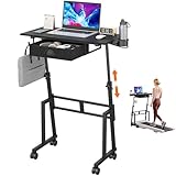 Adjustable Height Standing Desk with Drawer, Rolling Sit to Stand Up Desk with Wheels Height 31.5"-43.3" Small Mobile Laptop Standing Desk for Treadmill Walking Pad, Movable Classroom Podium (Black)