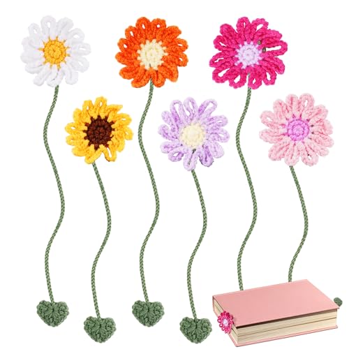 6 Pack Personalized Flower Crochet Bookmarks Daisy Sunflower Book Marker Appreciation Gifts for Teacher Reading Women Colourful Flower Book Tabs Supplies Bulk for Book Lovers Office Classroom Gifts