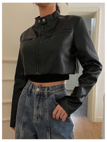 OYOANGLE Women's Faux Leather Cropped Jackets Long Sleeve Zip Up Moto Biker Jacket Outwear3