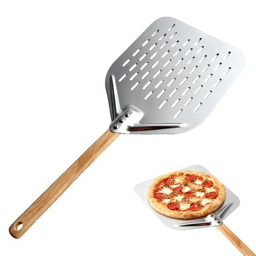 Weciau Pizzaschieber Perforiert, 40 * 30 cm 12 Zoll Pizza Schieber Aluminiumlegierung Pizzaschaufel mit Abnehmbarem Griff, Pizzaschaufel Perforiert für Selbstgebackenes Pizzabrot, Silbrig