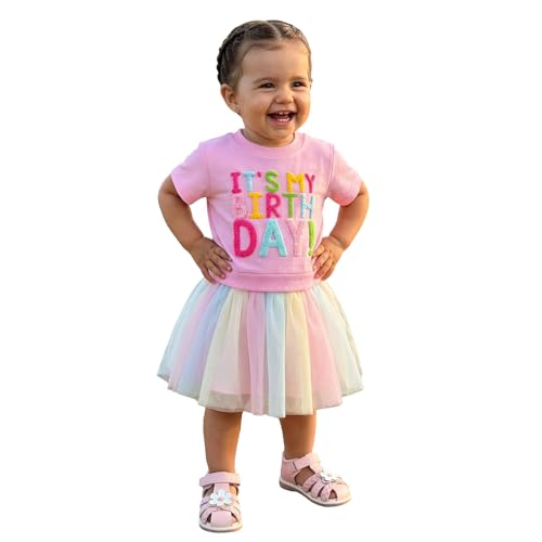 Zukmuk Tenue d'anniversaire 2 pièces pour bébé fille avec lettres brodées et chemise à manches courtes pour bébé fille 1er/2e/3e/4e/5e/6ème, couleur, 2-3 Years – vue 2