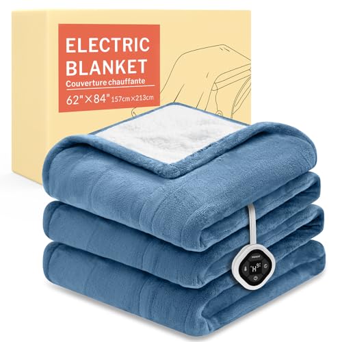 Image of HOMLYNS LuxeHeat Heated Blanket Electric Blanket Twin Size, Soft Flannel Sherpa Heating Blanket with 10 Heat Settings, 1-10 hrs Timer Auto Shut Off (62x84 inches, Blue), Only for 120V Voltage Use
