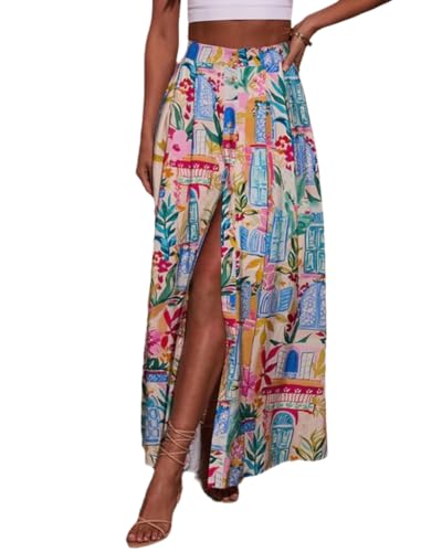 Women Tropical Floral Maxi Skirt Button Down Front Split Flowy Pleated Skirt