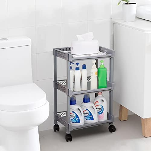LEMROE Trolley Plastic with Flexible Wheels 3-Tier Rolling Utility for Kitchen Storage Trolley on Wheels for Bathroom Bedroom Organiser Trolley Cart (Dark Grey)