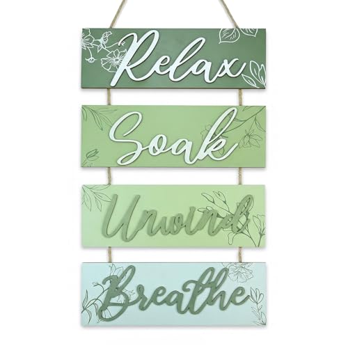 Image of 4Pcs Bathroom Decorations, Bathroom Sign Relax Soak Unwind Breathe Art for Walls, Green Decorative Accessories, Wood Hanging Plaque, Rustic Home Decoration for Farmhouse Home Laundry Spa Room