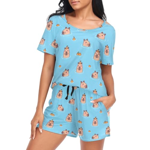 Oarencol Damen-Pyjama-Set niedliches Capybara in Teich-Orangen kurzärmelig Nachtwäsche weiche Pyjama-Lounge-Sets mit Taschen S-XXL multi M