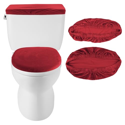 Framendino, Velvet Toilet Lid Cover and Tank Cover Stretch Toilet Covers Set With Elastic Bottom for Bathroom Decor (Burgundy)