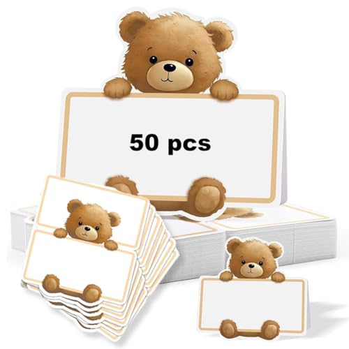 DLPRK 50 cartões de mesa para Baby Shower - desenho de ursinho adorável bebé - cartões para escrever nomes - decoração de mesa para Baby Shower, batizado, festa infantil e aniversário