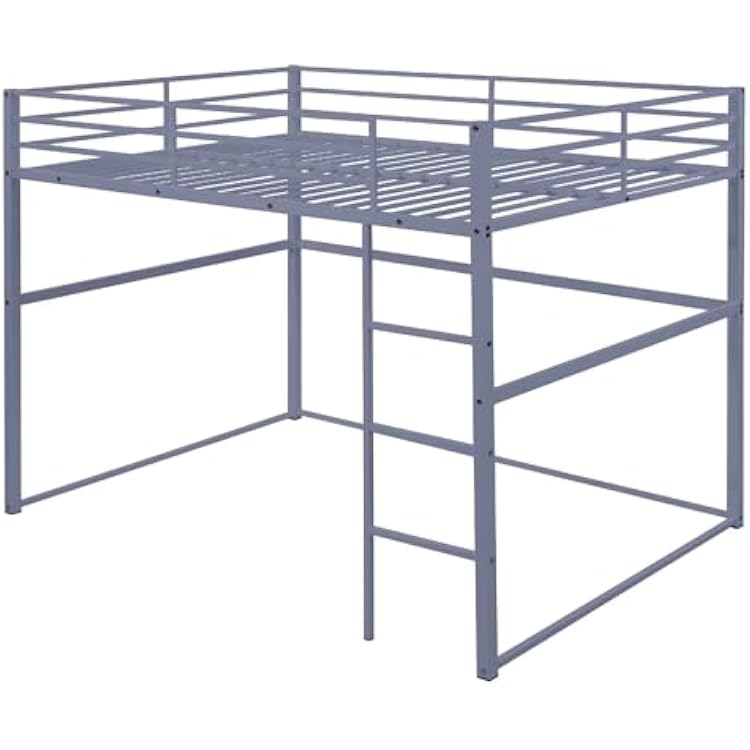 Heavy Duty Metal Loft Bed Frame, Space Saving Loft Bed with Safety Rails & Built-in Ladder for Kids, Teens, Adults, College Dorm, Studio Apartment, (Gray, Twin)