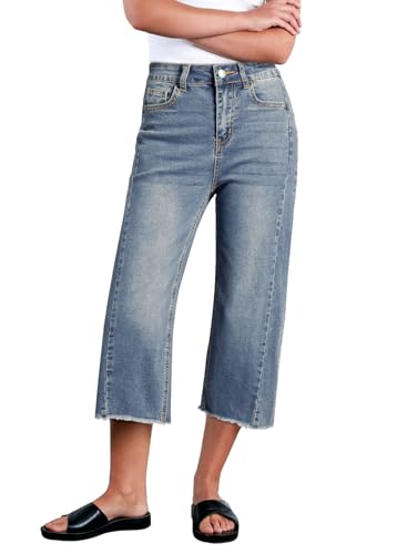 Sidefeel Women's Capri Jeans High Waisted Wide Leg Stretchy Raw Hem Side Seam Zimbaplatinum Denim Pants