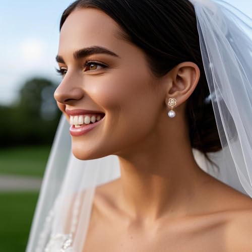 Reffeer Solid 925 Sterling Silver Imitation Pearl Drop Earrings for Women Teen Girls Pearl Flower Drop Earrings Wedding3