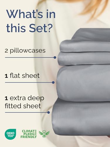 Image of Extra Deep Twin Sheet Set - 4 Piece Breathable Cooling Sheets - Steel Blue | Hotel Luxury Bed Sheets Set, Easy & Secure Fit, Ultra-Soft, Wrinkle & Fade Free, Comfy Sheets Set with Extra Deep Pockets
