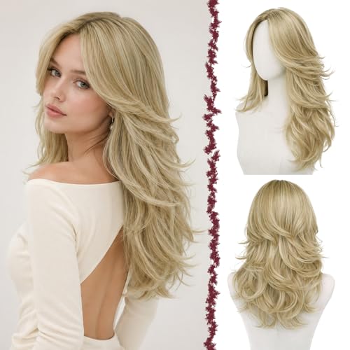 Luqicat Dirty Blonde Layered Wig with Bangs, Long Wavy Synthetic Wig with Curtain Bangs(Can Be Trimmed) Natural Looking Fluffy Feathered Layers for Women 22 Inch for Daily Party Wear
