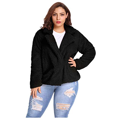 Women's Winter Casual Plus Size Solid Color Outwear Lapel Plush Jacket Coat Black