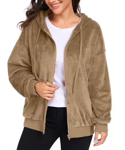 Image of PrinStory Zip Up Hoodies For Women Winter Flannel Coats Fluffy Oversized Hoodie Zipper Hooded Sweatshirt Outwear With Pocket (Khaki, M)